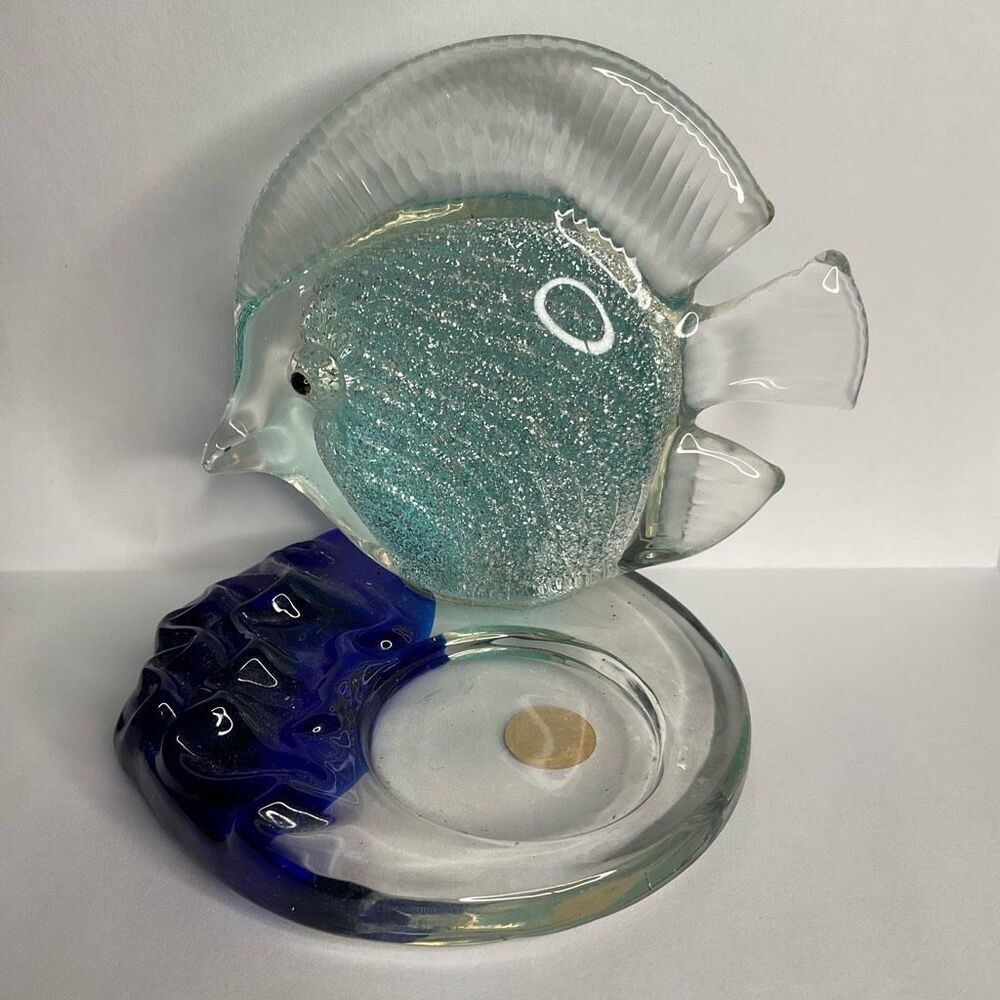Vintage PartyLite Tropical Fish Tea Light Candle Holder Art Glass Sparkly Blue